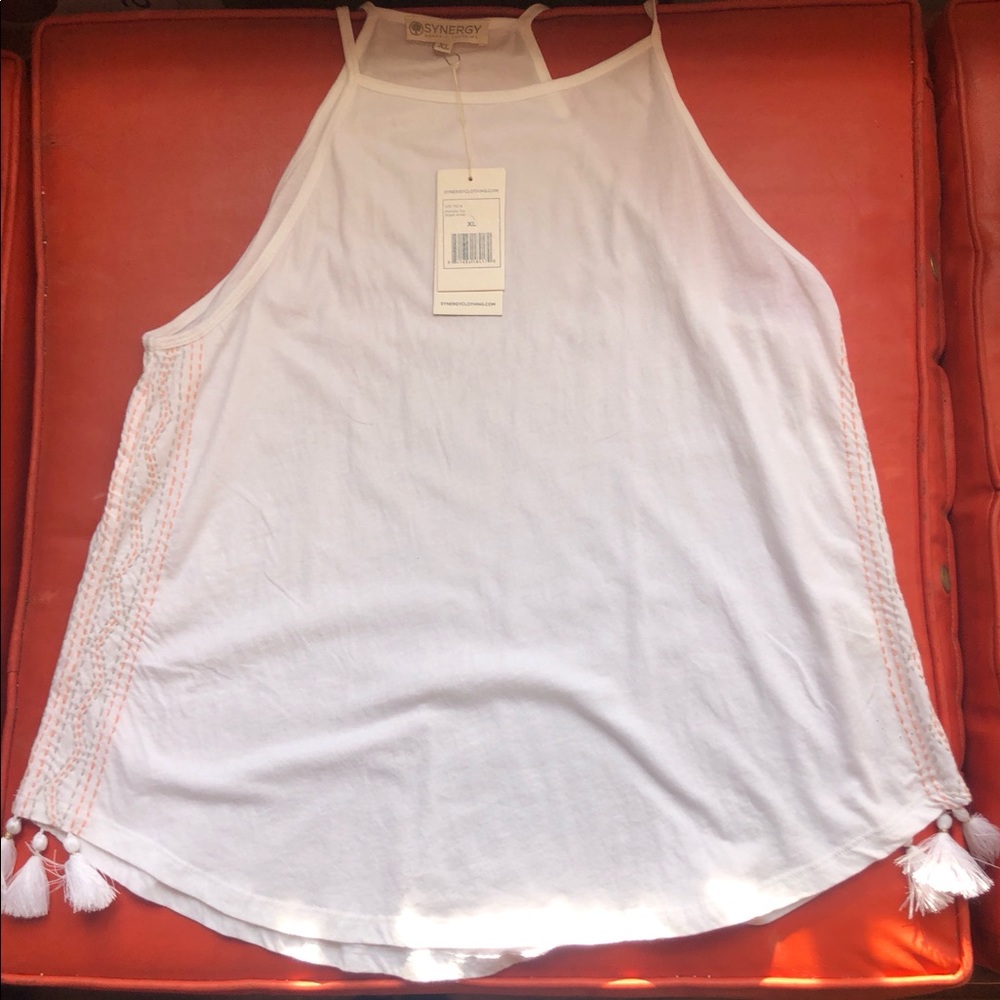 Synergy Organic White tank with peach and grey embroidery on sides, size XL